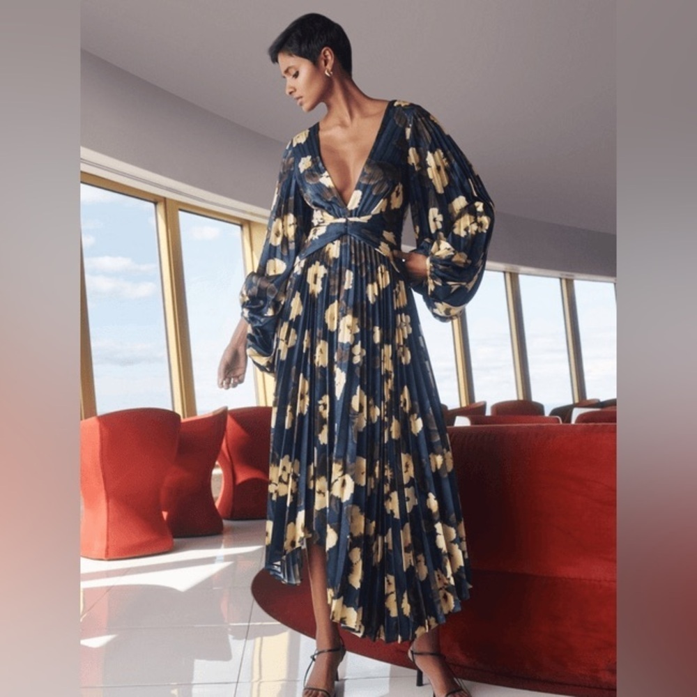Acler Palms Pleated Long Sleeve Midi Dress Navy Floral Size 2 - Picture 3 of 15